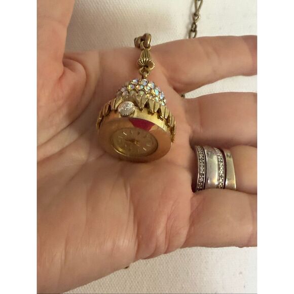 Vintage Geneva Rhinestone Ball Pendant Watch Necklace Gold Tone AB Crystal Dome - Picture 4 of 12